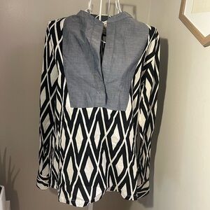 JCREW 100% cotton pattern blouse chambray accent preppy maximalist geometric